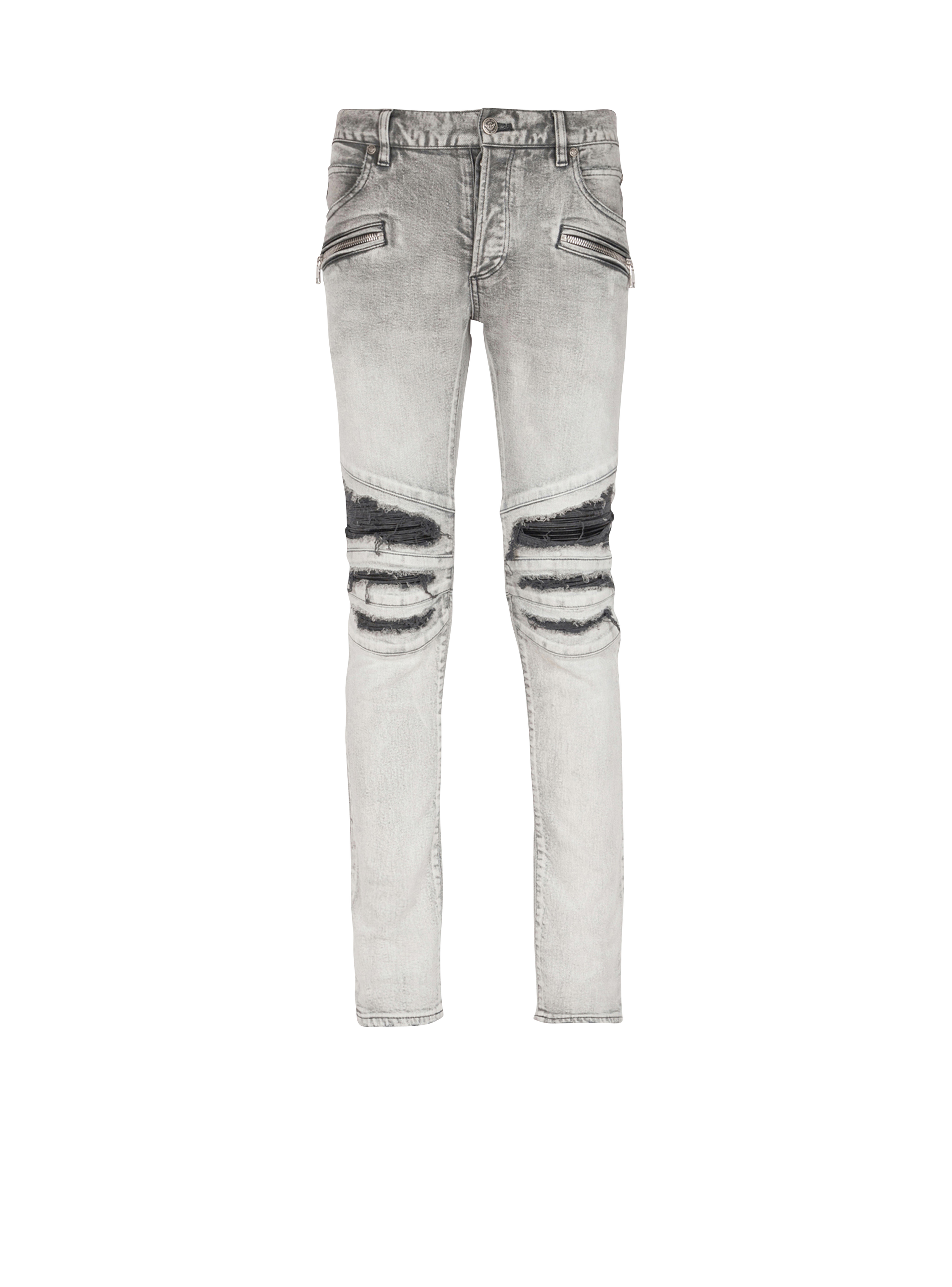 Slim cut ripped cotton jeans with synthetic leather panels, grey, hi-res