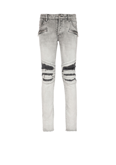 Slim cut ripped cotton jeans with synthetic leather panels