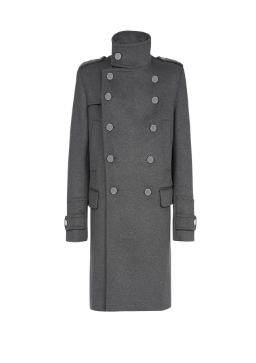 Long medium cashmere coat with double-breasted silver-tone buttoned fastening