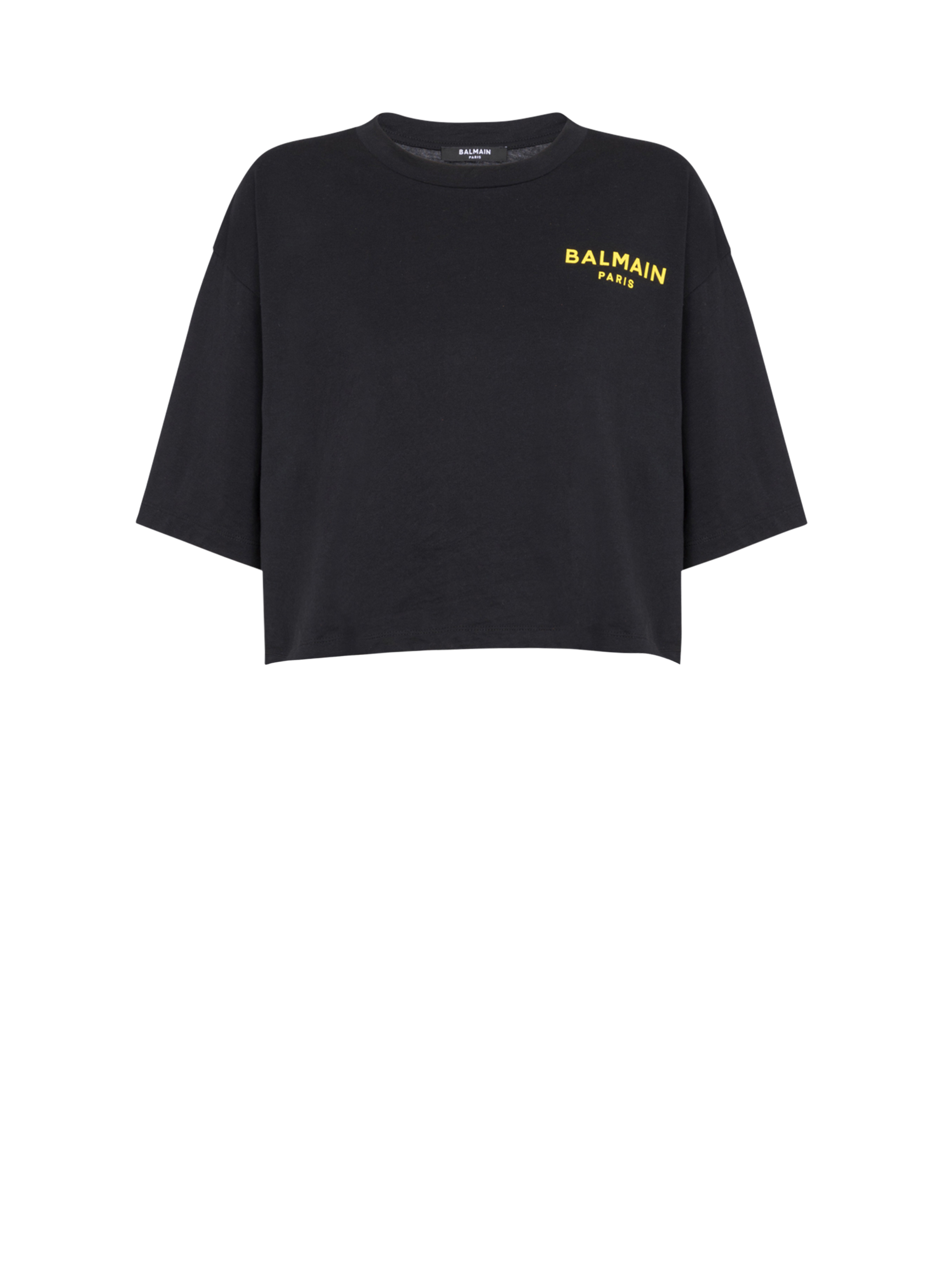 Balmain x Netflix -Cotton cropped T-shirt with small Balmain logo print, black, hi-res